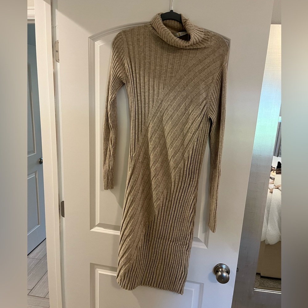 Marie Oliver Tan Ribbed Midi Dress